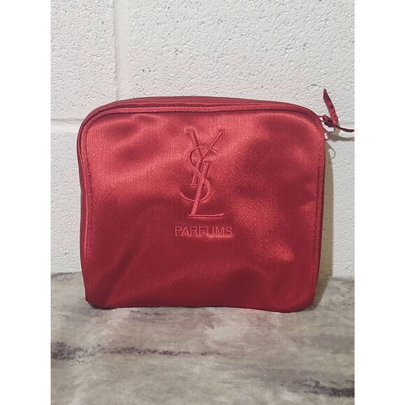 YSL Parfums Yves Saint Laurent Red Satin Double Zip Travel Cosmetic Makeup Bag - Picture 1 of 8